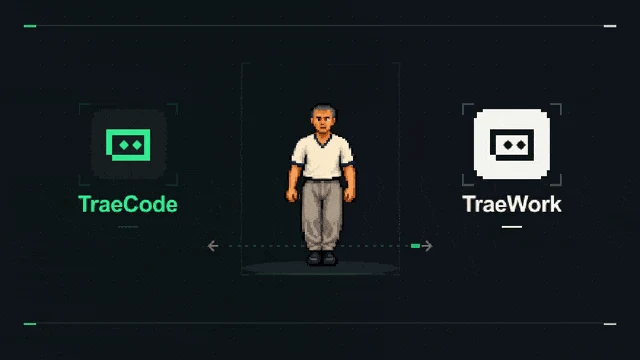 量子位原文以 TraeCode 与 TraeWork 的切换动画说明合并前的工作流；此处展示冻结衍生图的静态画面，并非新版界面截图。