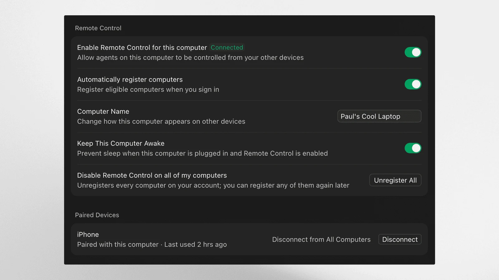 Cursor 桌面端 Remote Control 设置界面截图