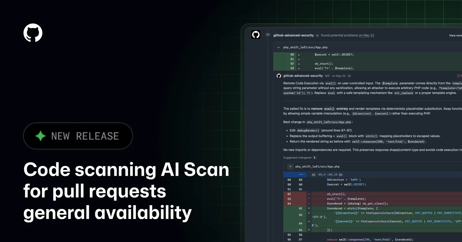 深色宣传图写着 Code scanning AI Scan for pull requests general availability，右侧为 PR 安全发现示意