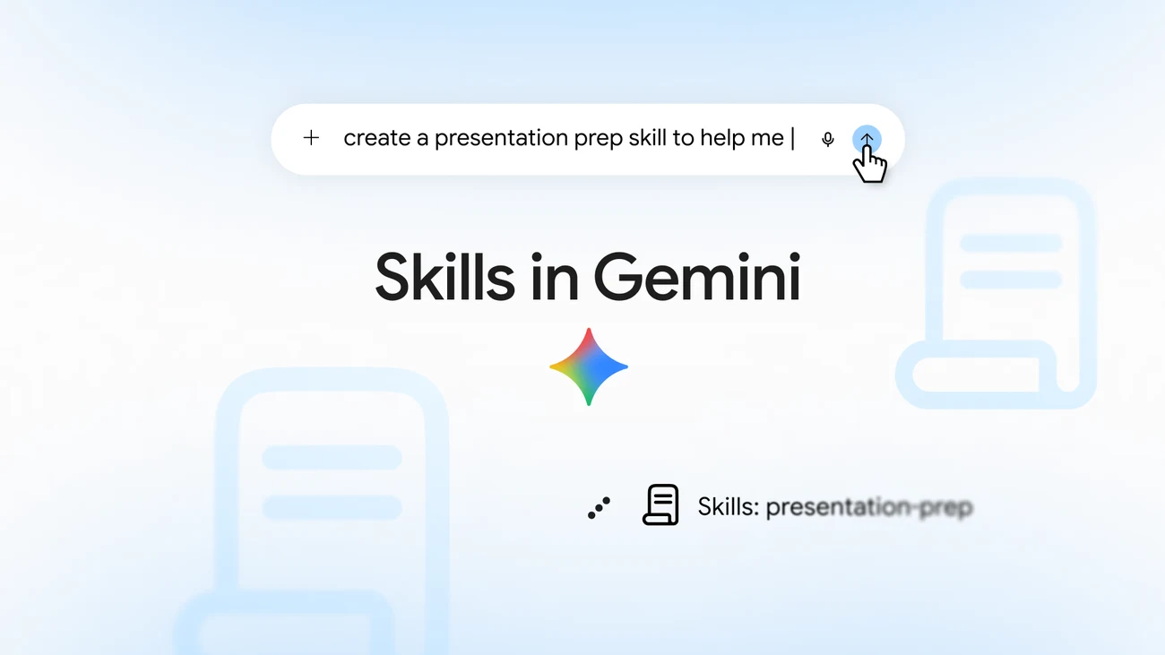Gemini skills 宣传图：输入框、Skills in Gemini 标题和 presentation-prep 技能标签
