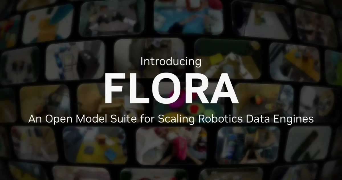 深色弯曲马赛克缩略图背景上居中白色 Introducing / FLORA / 副标题文字