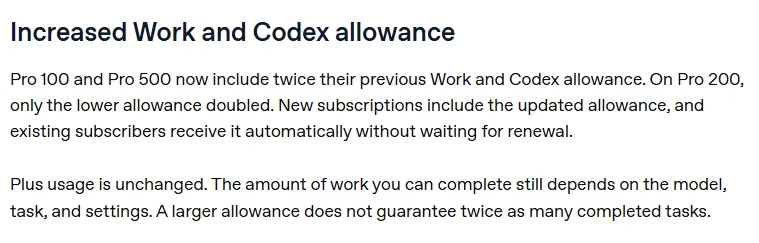 Graphic stating OpenAI Pro Work/Codex quota changes