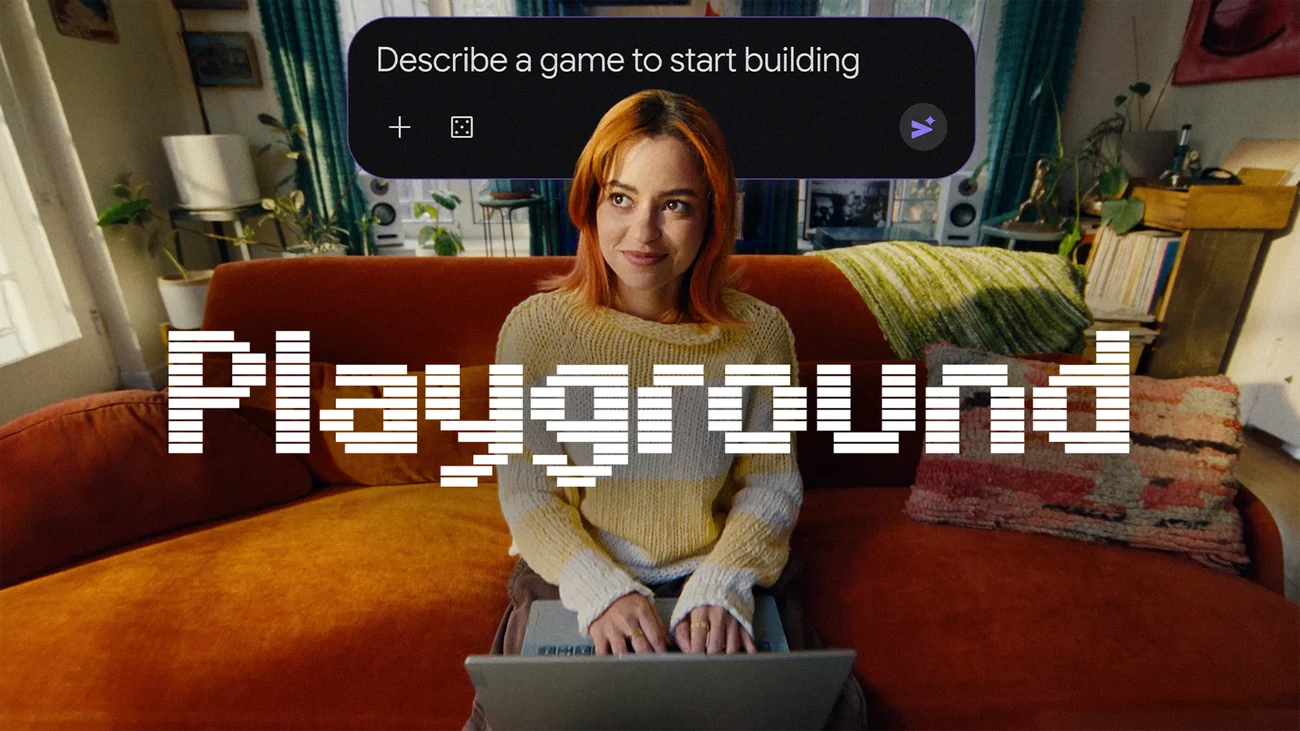 Playground 宣传图：用户在笔记本电脑上输入游戏描述