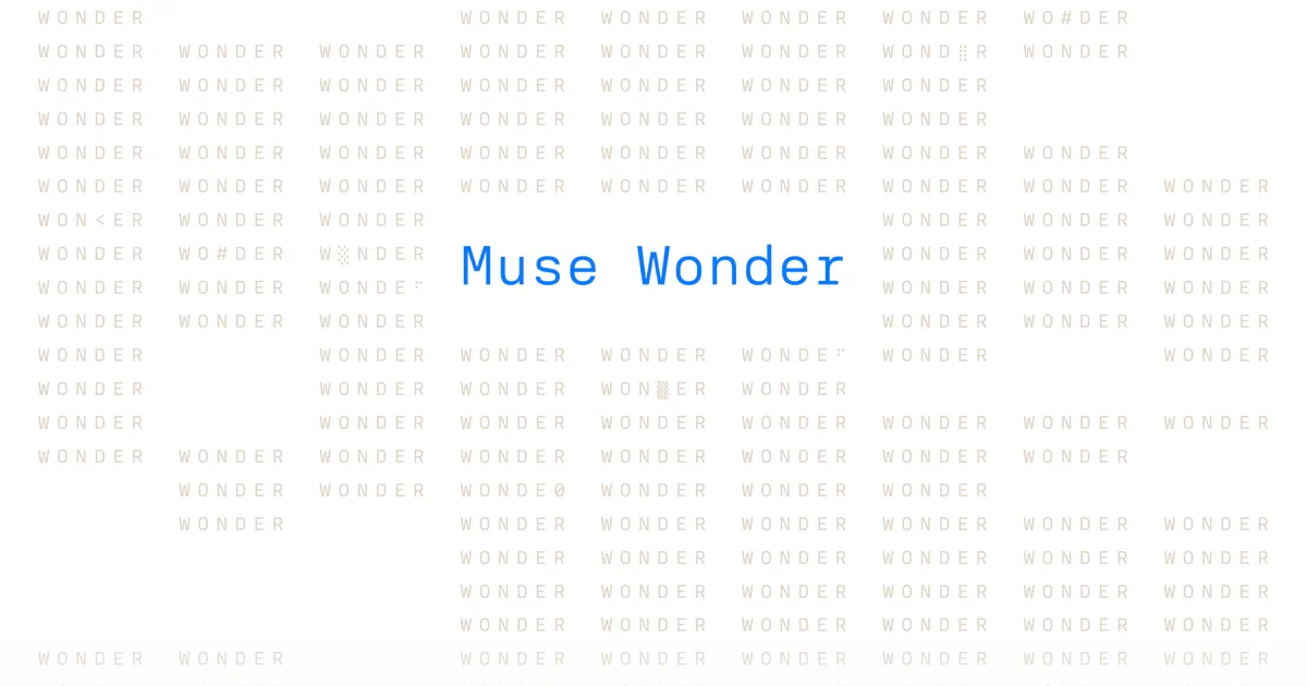 浅色重复文字背景上的蓝色 Muse Wonder 标题