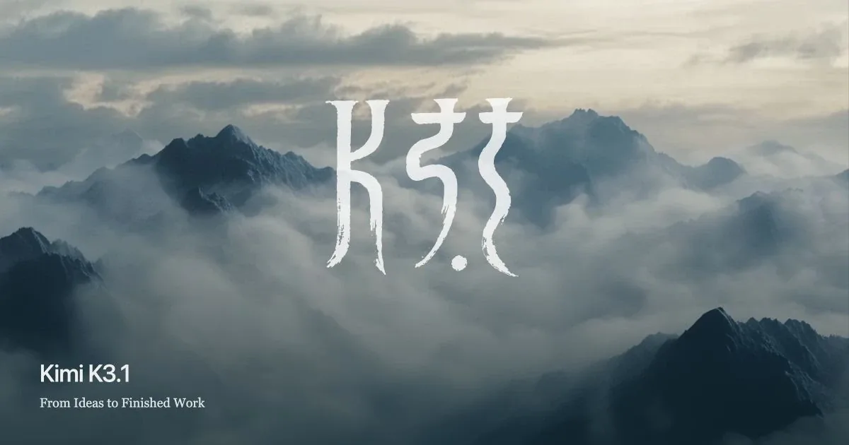云雾山峰画面中央白色书法风格字标，左下角写有 Kimi K3.1 与 From Ideas to Finished Work
