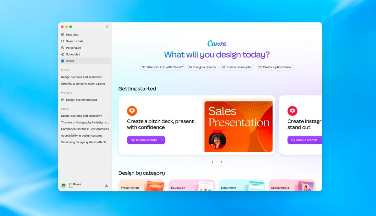 ChatGPT 桌面界面内打开的 Canva 应用页面