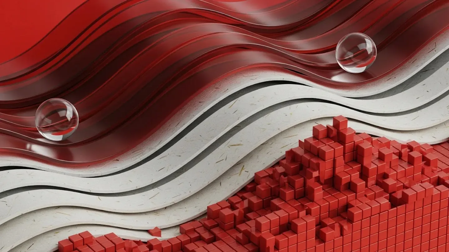 红白波浪层与红色方块堆叠的抽象 3D 插图