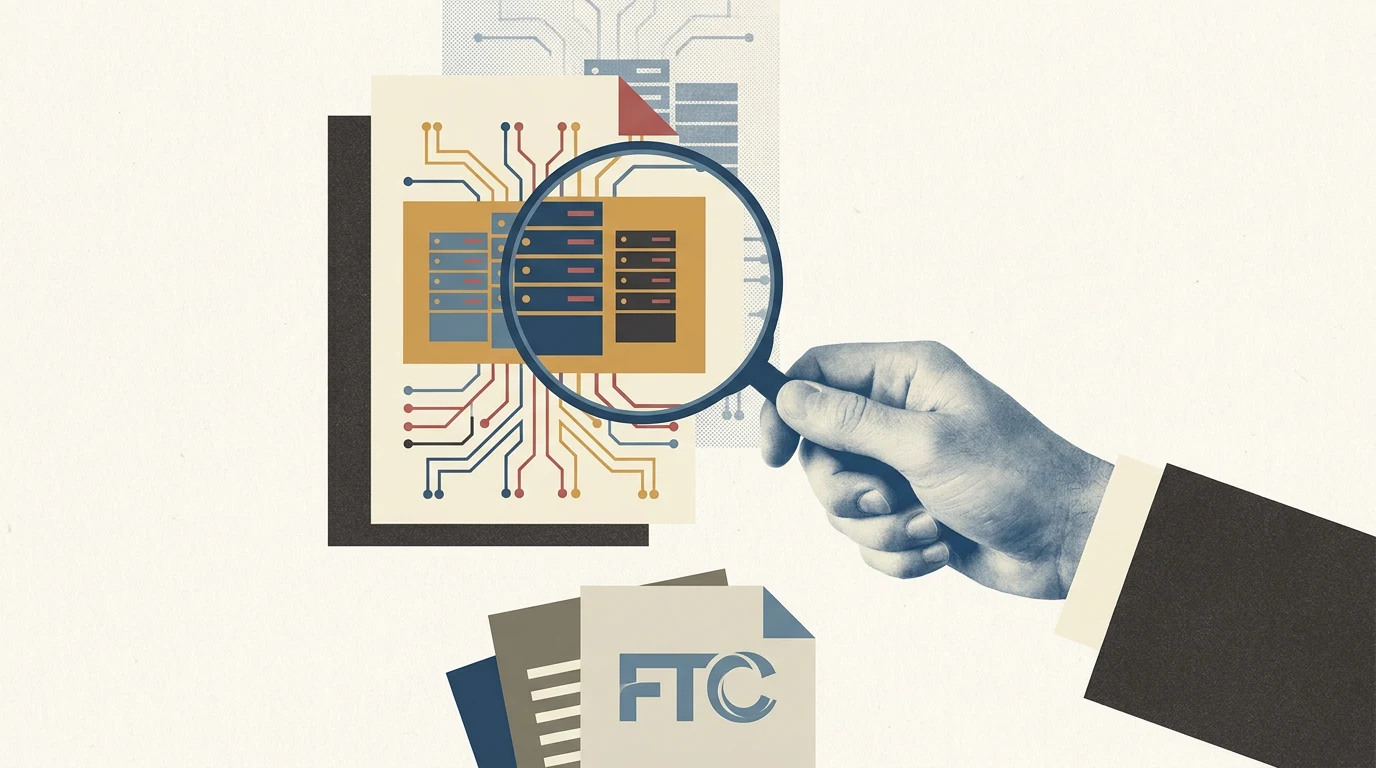 媒体插画：放大镜检视服务器文件，下方为 FTC 文件